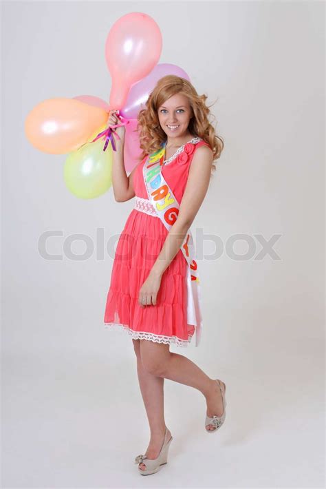 Happy Blonde Birthday Girl With Balloons Stock Image Colourbox