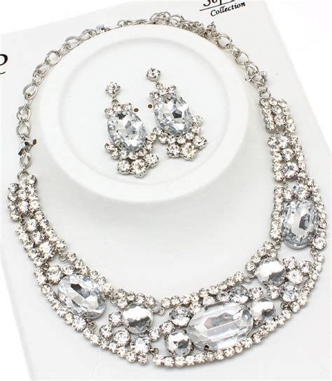 Chunky Clear Crystal Rhinestone Statement Bib Necklace Earring Set
