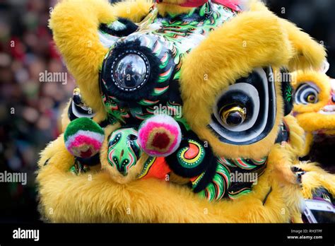 Chinese Lion Dance Costume Close Up With People In Background Stock