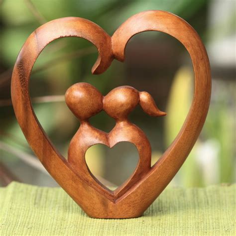 Hand Carved Heart Sculpture Story Of Love Novica