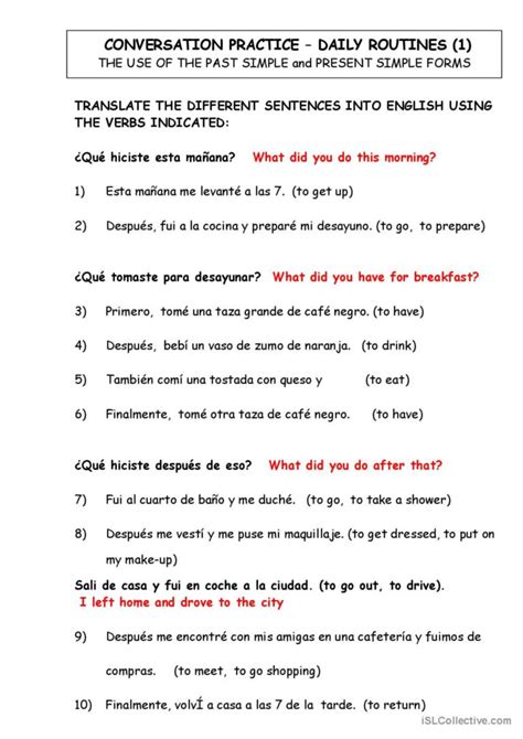 Dialy Routines Translate From Spani English Esl Worksheets Pdf And Doc