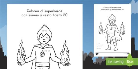 Ficha de actividad: Colorea al superheroé con sumas hasta 20 - colorear con