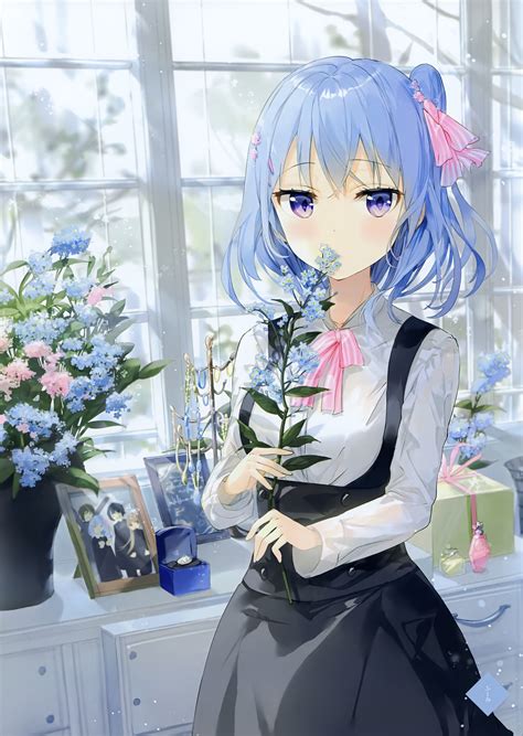 Original Anime Girl Blue Hair Flower Cute Wallpaper