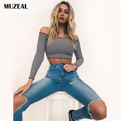 muzeal stripe slash neck long sleeve sexy crop tops shirts elastic fitted club party hot girls
