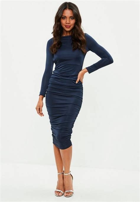 This Navy Midi Dress Features Ruched Details An Open Back And Long