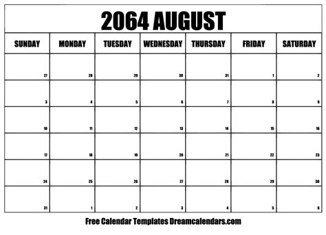 August 2064 Calendar Free Blank Printable With Holidays