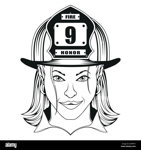 Firefighter Girl Vector Illustration Of A Sketch Beautiful Female Firefighter In A Helmet Stock