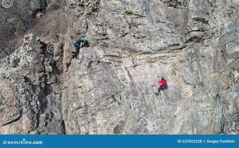 Rock Climbing Training On Steep Slope In Mountains Stock Photo Image