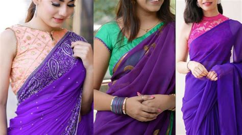 Purple Colour Saree With Contrast Designer Blouse Collection Youtube