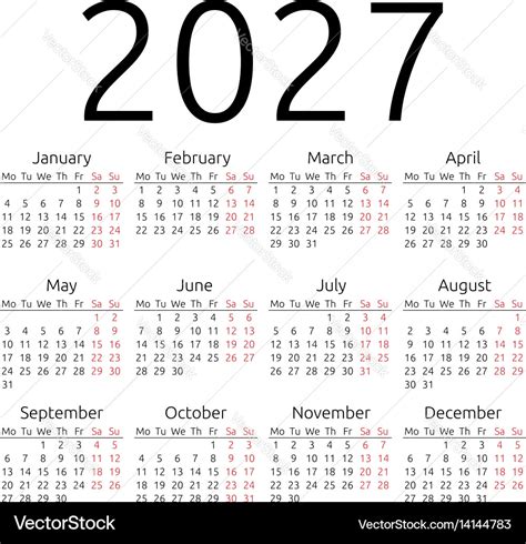Simple Calendar 2027 Monday Royalty Free Vector Image