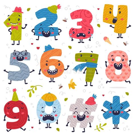 Set Of Cute Colorful Number Characters With Funny Faces Set Comic