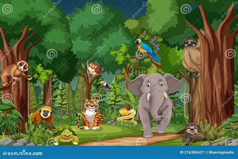 Wild Animal Cartoon Character In The Forest Scene Stock Vector