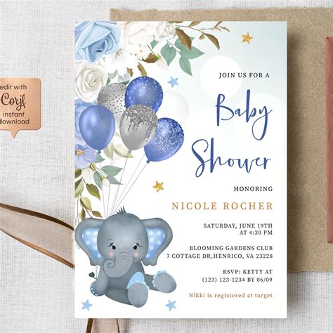 Elephant Boy Baby Shower Invitation Template Blue Balloons Baby Showe