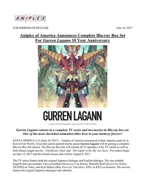 Aniplex Of America Announces Complete Blu Ray Box Set For Gurren Lagann Year Anniversary
