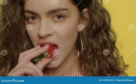 Girl Eat Strawberry Fruit In Studio Young Woman Eating Strawberry