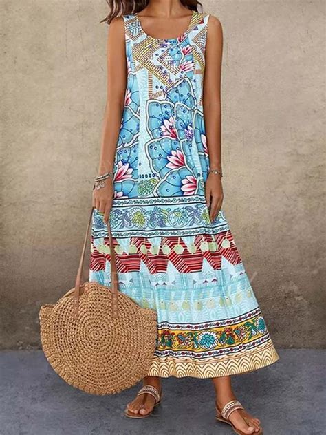 Women Floral Vintage Summer Maxi Weaving Dress Zolucky