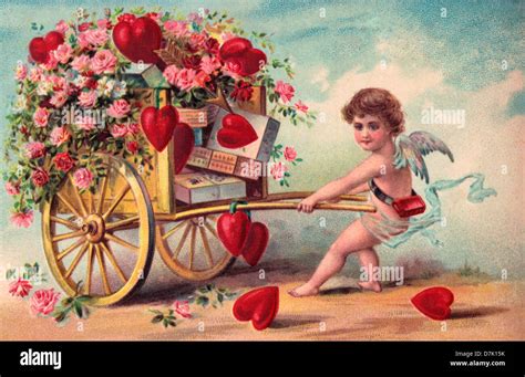 Vintage Valentines Day Card With Cupid Pulling Cart Of Flowers Stock