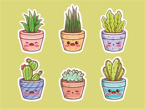 Set Of Cute Succulents Plant And Cactus Cartoon Sticker Concept