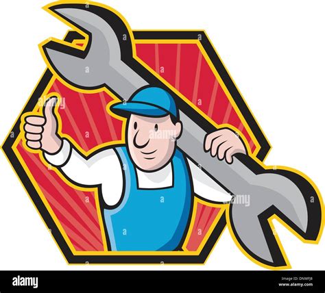 Cartoon Illustration Of A Mechanic Worker Carrying Giant Spanner Stock
