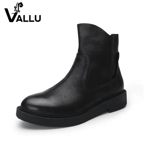Vallu 2018 Natural Leather Shoes Women Boots Square Heel Round Toes Zip