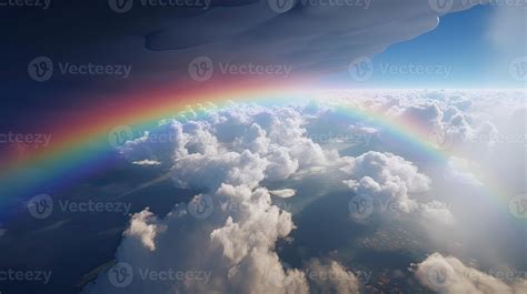 Rainbow In Blue Sky With Cloud Beautiful Landscape With Multi Colored