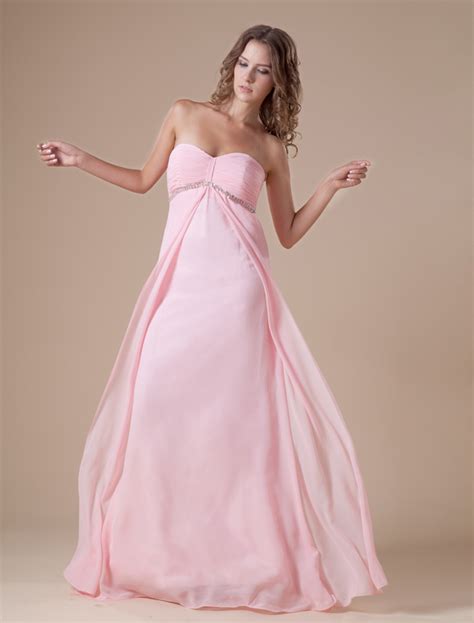 Pink Strapless Sweetheart Empire Waist Chiffon Maxi Bridesmaid Dress