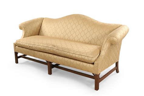 English Chippendale Style Camel Back Gold Damask Upholstered Sofa