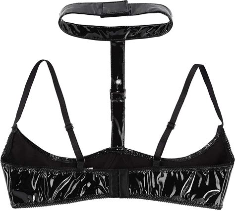 Yartina Womens Wetlook Pvc Leather Halter Open Cups Wire Free Shelf Bra Top Bralette Strappy