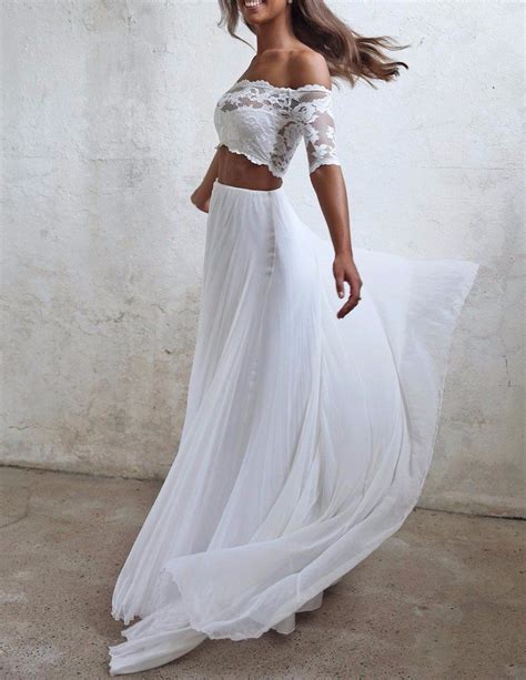 Seductive Lace 2 Two Piece Wedding Dresses Summer Chiffon