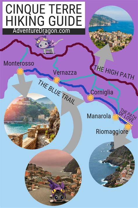 The Map For Cinque Terre Hiking Guide With Many Different Locations In It