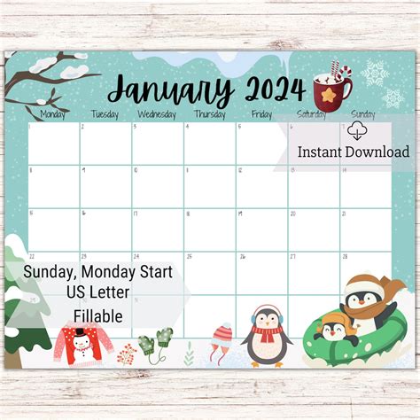 Editable January 2024 Calendar Monthly Schedule For Kids Beautiful