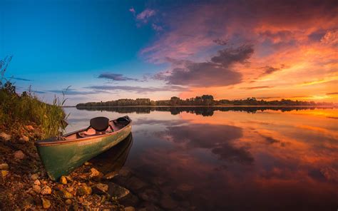 Sunrise Photography Peaceful Lake Boat Sky With Red Clouds Reflection