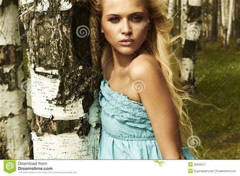 Beautiful Blond Woman In Forest Flying Hair Stock Image Image Of