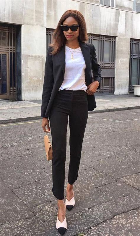 Simple Office Outfit White Top Black Suit Bag Heels