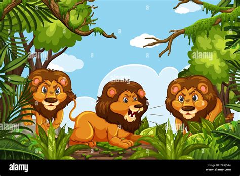 Lions In Jungle Scene Illustration Stock Vector Image And Art Alamy