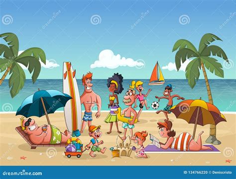 Group Of Cartoon People On Beautiful Beach Stock Vector Illustration