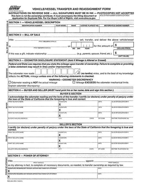 Reg 262 Vehicle Vessel Transfer And Reassignment Form F