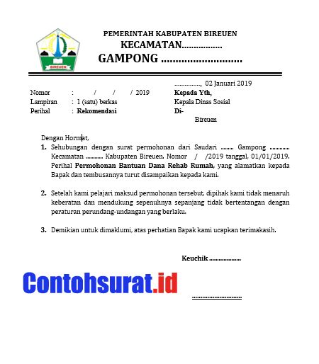 Contoh surat bisnis, surat dinas, surat izin, surat kuasa, surat lamaran kerja, surat pemberitahuan, surat penawaran, surat namun pada kenyataannya berbeda, surat rekomendasi merupakan surat yang biasa dibuat untuk merekomendasikan atau rujukan dari pemegang kepada. Contoh Surat Rekomendasi Kepala Desa Keuchik Untuk Bantuan ...