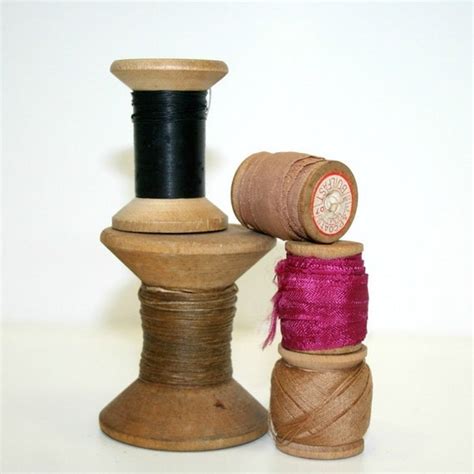 Vintage Wooden Thread Spools With Ribbon And Thread By Warmnature