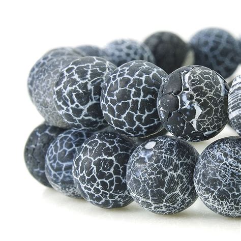 BEADNOVA 10mm Black Frosted Agate Unpolished Cracked Matte Gemstone Gem