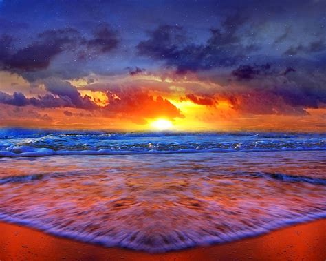 Sandy Beach Ocean Waves Sunset Clouds Hd Wallpaer