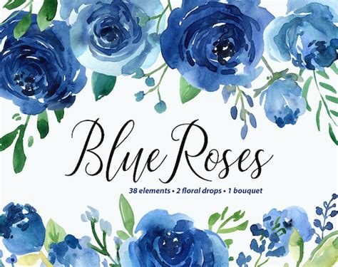 Watercolor Flowers Clipart Blue Roses Leaves Branches Free Etsy