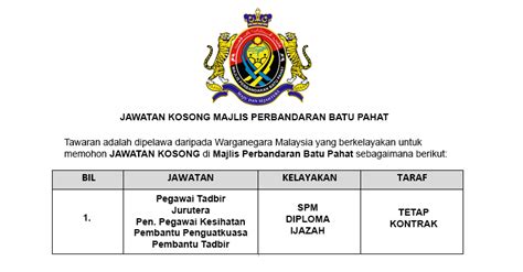 Jawatan kosong kerajaan terkini di putrajaya international convention center (picc) permohonan adalah dipelawa daripada warganegara malaysia yang berkelayakan untuk mengisi. Jawatan Kosong di Majlis Perbandaran Batu Pahat MPBP ...