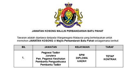 Maklumat kekosongan ini adalah seperti yang diiklankan. Jawatan Kosong di Majlis Perbandaran Batu Pahat MPBP ...