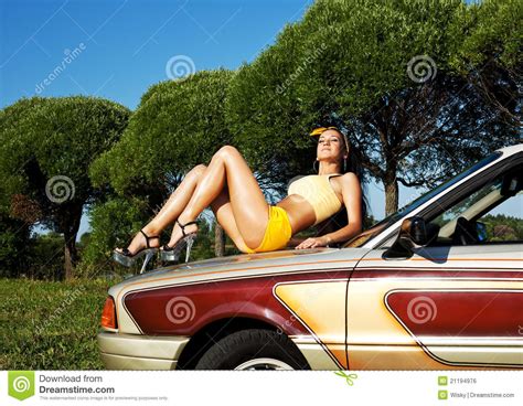 Young Woman Lay On Retro Car Pin Up Style Stock Photo