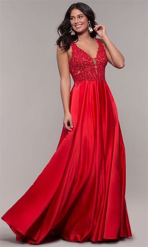 Long Faviana Red Satin Prom Dress With Lace Bodice