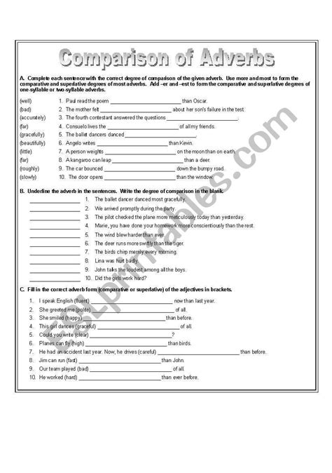 Degrees Of Comparison Of Adverbs Worksheets With Answers