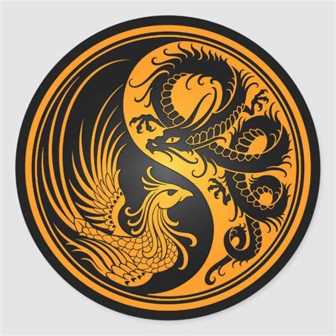 Yellow And Black Dragon Phoenix Yin Yang Classic Round Sticker Zazzle