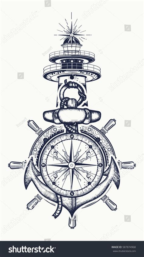 A compass with a ship tattoo is a talisman,. Anchor, steering wheel, compass, lighthouse, tattoo art ...
