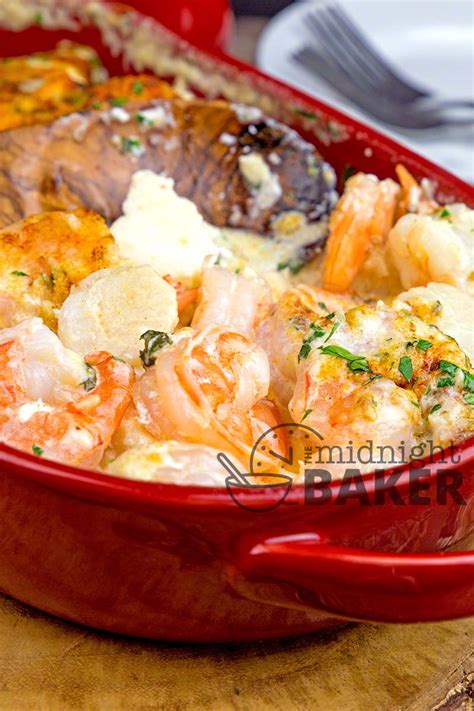 The shrimp are sautéed in a garlic, wine and butter sauce and then finished. Seafood Casserole - The Midnight Baker